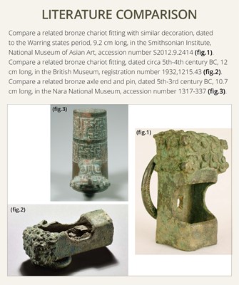 Lot 61 - A BRONZE ‘DRAGON HEAD’ CHARIOT POLE FITTING, WARRING STATES PERIOD
