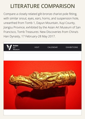 Lot 377 - A GILT BRONZE ‘DRAGON HEAD’ CHARIOT TERMINAL, HAN DYNASTY