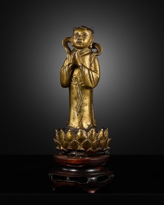 Lot 51 - A GILT-BRONZE FIGURE OF SHANCAI TONGZI (SUDHANA), MING DYNASTY