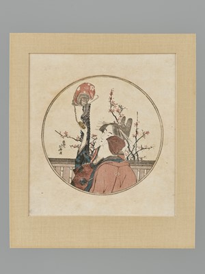 Lot 492 - KATSUSHIKA HOKUSAI: A SURIMONO OF A MONKEY TRAINER