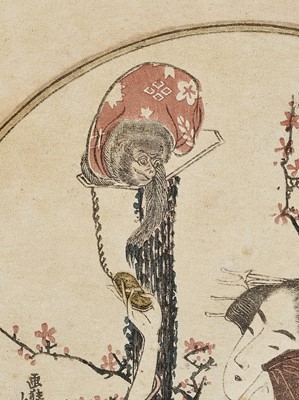 Lot 492 - KATSUSHIKA HOKUSAI: A SURIMONO OF A MONKEY TRAINER