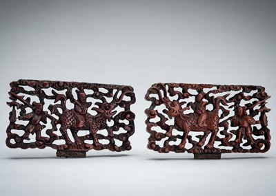 Lot 1659 - A PAIR OF RETICULATED WOOD PANELS WITH QILIN, 19TH CENTURY