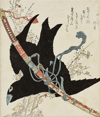 Lot 293 - KATSUSHIKA HOKUSAI: A SURIMONO OF A CROW, SWORD AND PLUM BLOSSOMS