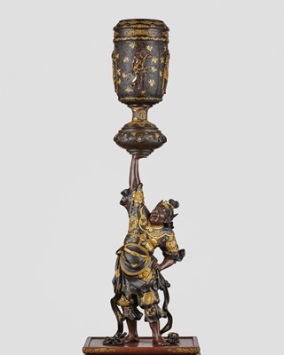 Lot 15 - MIYAO: A LARGE AND IMPRESSIVE PARCEL-GILT BRONZE STATUE OF A WARRIOR HOLDING ALOFT A KORO