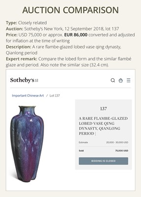 Lot 159 - A FLAMBÉ-GLAZED LOBED BOTTLE VASE, 18TH CENTURY