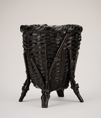 Lot 57 - A SIGNED BRONZE VESSEL IN THE FORM OF A BASKET