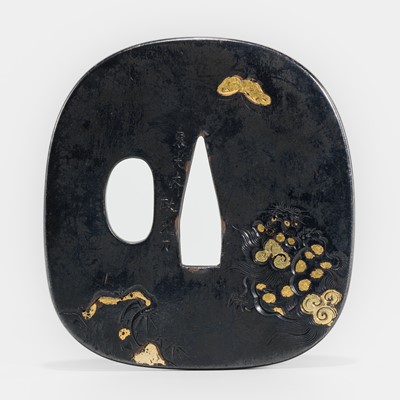 Lot 1557 - TOKOSAI MASAMITSU: A SHAKUDO TSUBA WITH SHISHI AND BUTTERFLIES