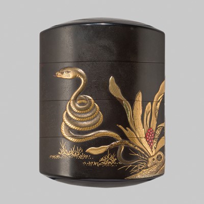 Lot 410 - KAJIKAWA TOMOHIDE: A FINE LACQUER THREE-CASE INRO DEPICTING A SNAKE AND OMOTE