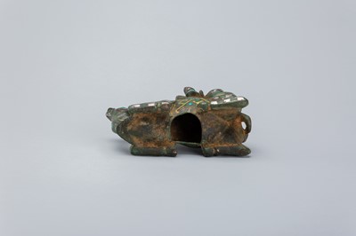 Lot 1568 - AN INLAID BRONZE FIGURE OF A CAMEL WITH RIDER, TANG DYNASTY