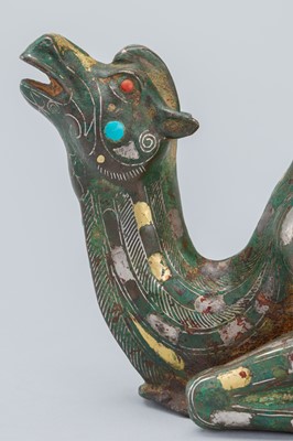Lot 1568 - AN INLAID BRONZE FIGURE OF A CAMEL WITH RIDER, TANG DYNASTY