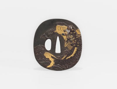 Lot 614 - AN UNUSUAL IRON NUNOMEZOGAN TSUBA WITH KINKO SENNIN