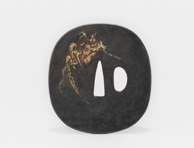 Lot 614 - AN UNUSUAL IRON NUNOMEZOGAN TSUBA WITH KINKO SENNIN