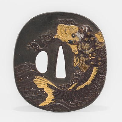 Lot 614 - AN UNUSUAL IRON NUNOMEZOGAN TSUBA WITH KINKO SENNIN