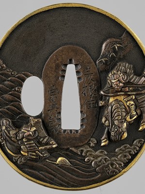 Lot 67 - KITAGAWA SOTEN: A FINE COPPER TSUBA DEPICTING THE BATTLE OF UJI