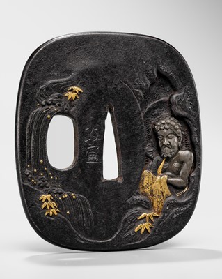 Lot 623 - MASAYOSHI: AN IWAMA SCHOOL IRON TSUBA WITH SHAKA NYORAI IN MEDITATION