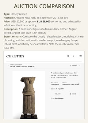 Lot 255 - A LARGE SANDSTONE TORSO OF A FEMALE DEITY, ANGKOR WAT STYLE, ANGKOR PERIOD