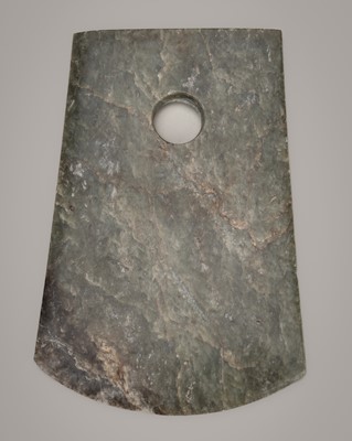 Lot 793 - A LARGE MOTTLED GREEN AND RUSSET JADE AXE, LIANGZHU CULTURE