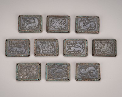 Lot 813 - A SET OF TEN JADE AND GILT-BRONZE BELT PLAQUES, LIAO DYNASTY