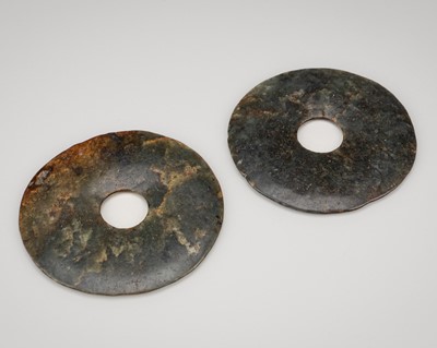 Lot 795 - A FINE GROUP OF TWO NEOLITHIC JADE DISCS, BI, NEOLITHIC PERIOD, 3RD MILLENNIUM BC