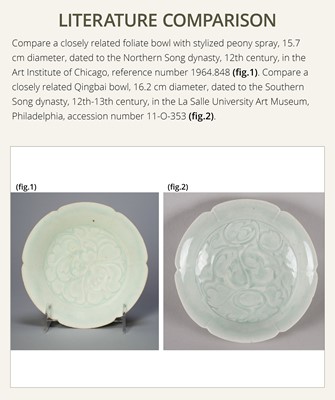 Lot 495 - TWO CARVED FLORIFORM QINGBAI ‘PEONY’ DISHES, SONG DYNASTY