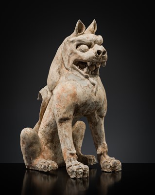 Lot 519 - A RARE PAINTED POTTERY FIGURE OF A GUARDIAN LION, TANG DYNASTY