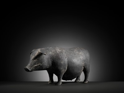 Lot 127 - A BLACK PAINTED POTTERY FIGURE OF A PREGNANT SOW, HAN DYNASTY