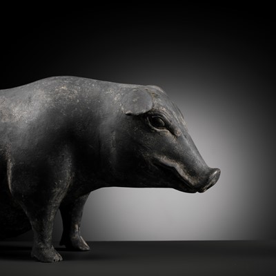 Lot 127 - A BLACK PAINTED POTTERY FIGURE OF A PREGNANT SOW, HAN DYNASTY