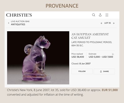 Lot 39 - A MASTERFULLY CARVED AMETHYST ‘CAT’ AMULET, BASTET, LATE PERIOD TO PTOLEMAIC ERA