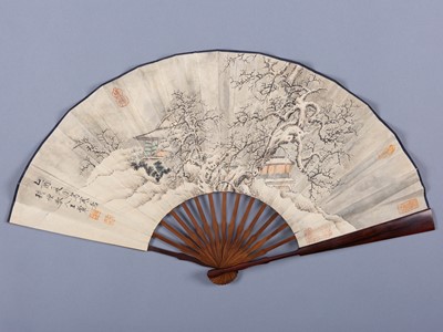 Lot 1638 - A FAN PAINTED WITH A SNOWY LANDSCAPE, AFTER WANG HUI, c 1900s