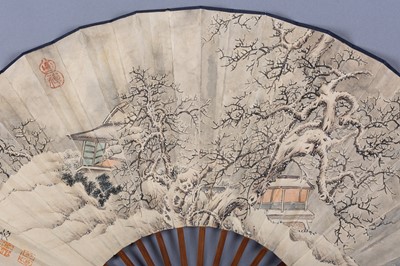 Lot 1638 - A FAN PAINTED WITH A SNOWY LANDSCAPE, AFTER WANG HUI, c 1900s