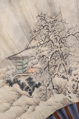 Lot 1638 - A FAN PAINTED WITH A SNOWY LANDSCAPE, AFTER WANG HUI, c 1900s