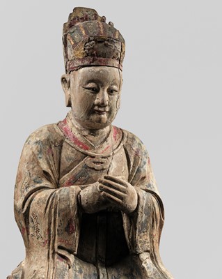 Lot 345 - A PAINTED WOOD FIGURE OF THE DAOIST IMMORTAL TIANGUAN, LATE MING DYNASTY