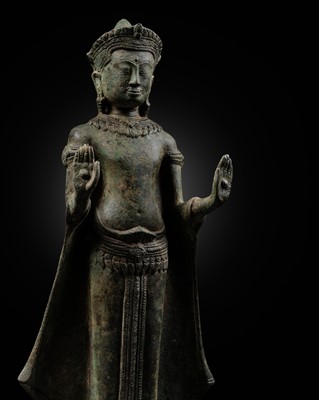 Lot 408 - A BRONZE FIGURE OF CROWNED BUDDHA, ANGKOR PERIOD