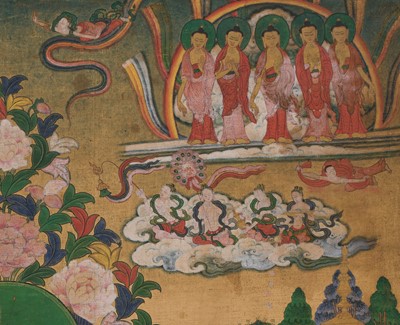 Lot 326 - A THANGKA OF AMITABHA IN SUKHAVATI HEAVEN, 18TH-19TH CENTURY