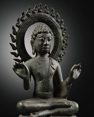 Lot 665 - A BRONZE FIGURE OF BUDDHA, INDONESIA, CENTRAL JAVA, 8TH TO 10TH CENTURY