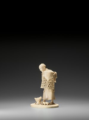 Lot 238 - MUNEHIRO: AN IVORY OKIMONO OF A MAN WITH CHICKENS