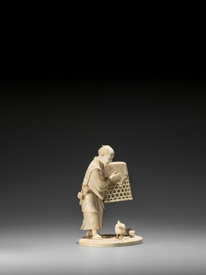 Lot 238 - MUNEHIRO: AN IVORY OKIMONO OF A MAN WITH CHICKENS