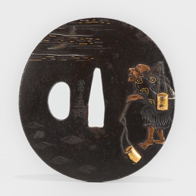 Lot 1552 - ICHINOMIYA TSUNENAO: AN ICHINOMIYA SCHOOL IRON TSUBA WITH A PEDLAR AND COTTAGES