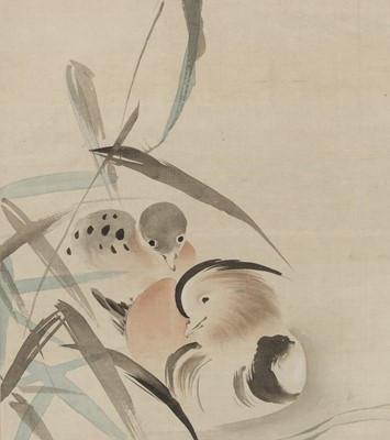 Lot 253 - TOSA MITSUSADA (1738-1806): A SILK PAINTING WITH A PAIR OF MANDARIN DUCKS