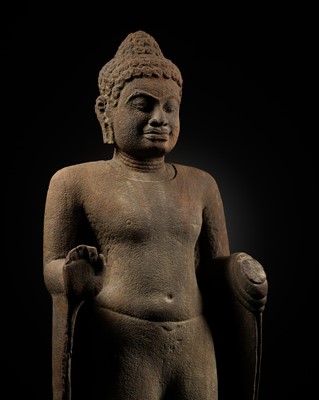 Lot 688 - A LARGE SANDSTONE FIGURE OF BUDDHA, MON DVARAVATI PERIOD