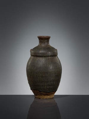 Lot 355 - A BROWN-GLAZED HUMANOID STONEWARE JAR, ANGKOR PERIOD