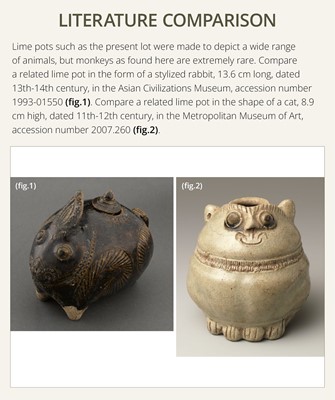 Lot 414 - A RARE LIME POT IN THE FORM OF A MONKEY, STONEWARE, ANGKOR PERIOD