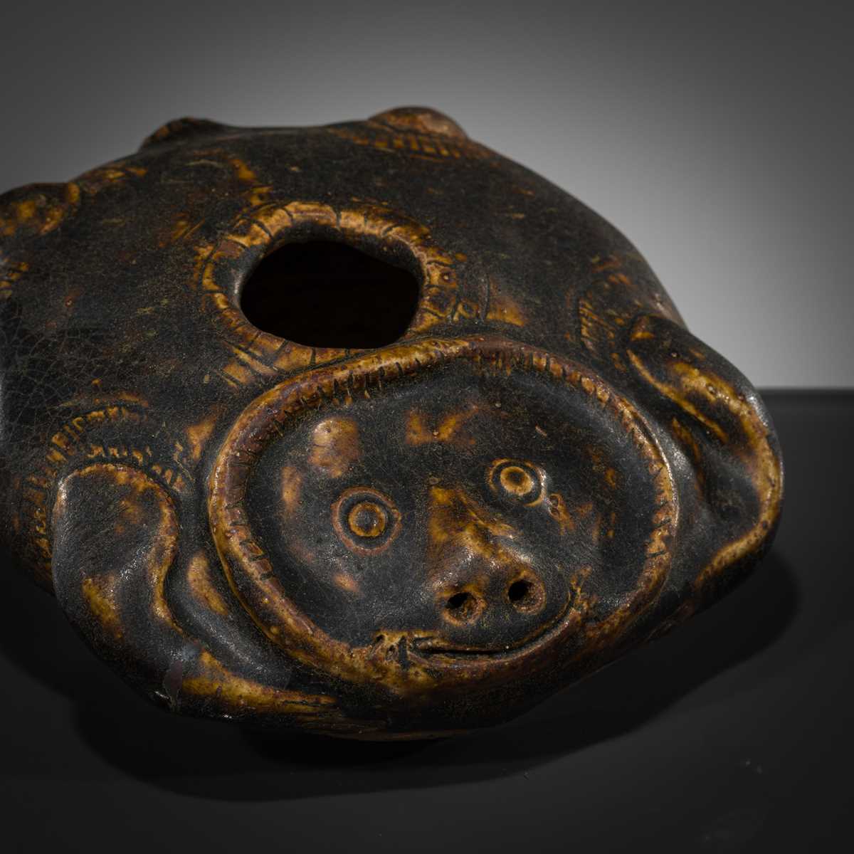 Lot 414 - A RARE LIME POT IN THE FORM OF A MONKEY, STONEWARE, ANGKOR PERIOD