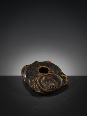 Lot 414 - A RARE LIME POT IN THE FORM OF A MONKEY, STONEWARE, ANGKOR PERIOD