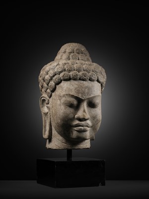 Lot 252 - A RARE AND LARGE SANDSTONE HEAD OF BUDDHA, MON DVARAVATI