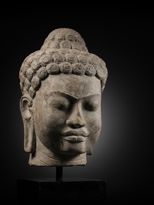 Lot 252 - A RARE AND LARGE SANDSTONE HEAD OF BUDDHA, MON DVARAVATI