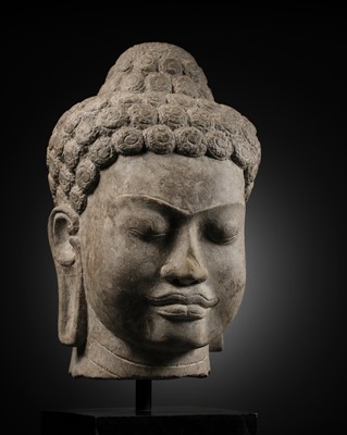 Lot 252 - A RARE AND LARGE SANDSTONE HEAD OF BUDDHA, MON DVARAVATI