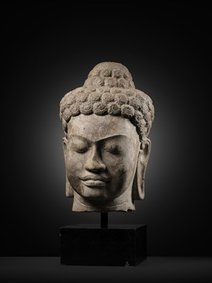 Lot 252 - A RARE AND LARGE SANDSTONE HEAD OF BUDDHA, MON DVARAVATI