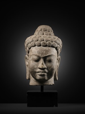 Lot 252 - A RARE AND LARGE SANDSTONE HEAD OF BUDDHA, MON DVARAVATI