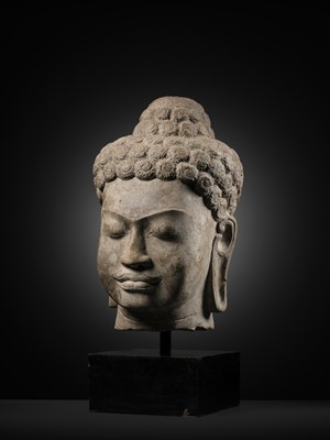 Lot 252 - A RARE AND LARGE SANDSTONE HEAD OF BUDDHA, MON DVARAVATI